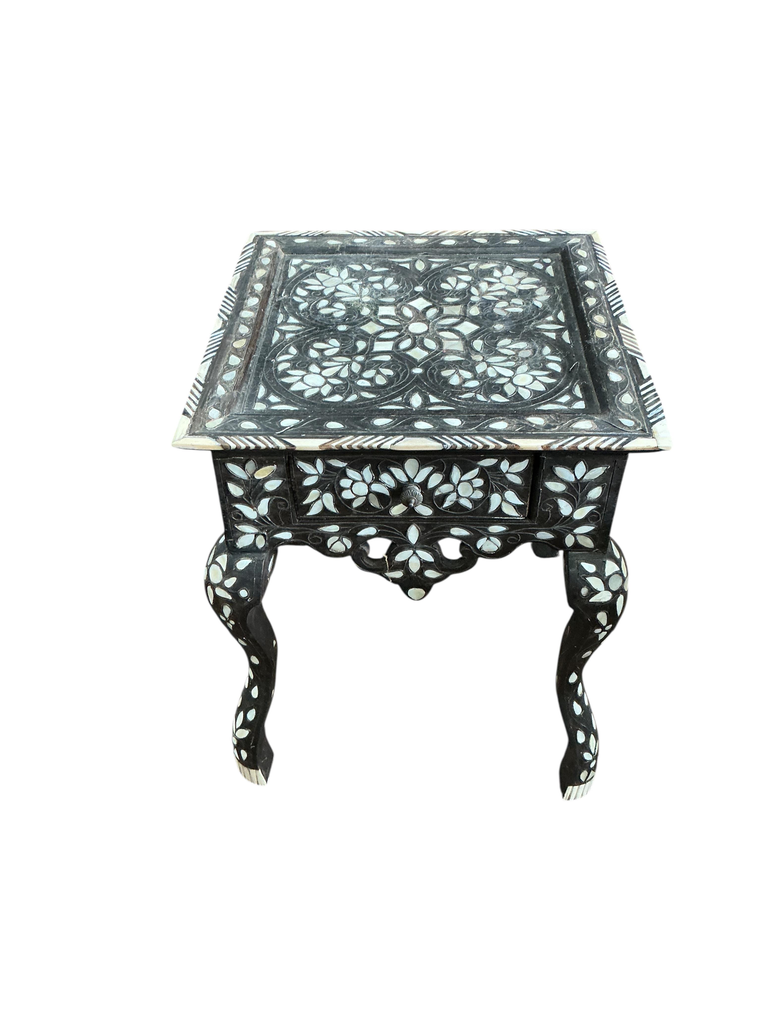 Two Damascan bone inlaid hardwood low tables, larger width 36cm, height 44cm